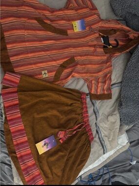 Women Two-Piece Striped Orange & Brown Top and Skirt Set